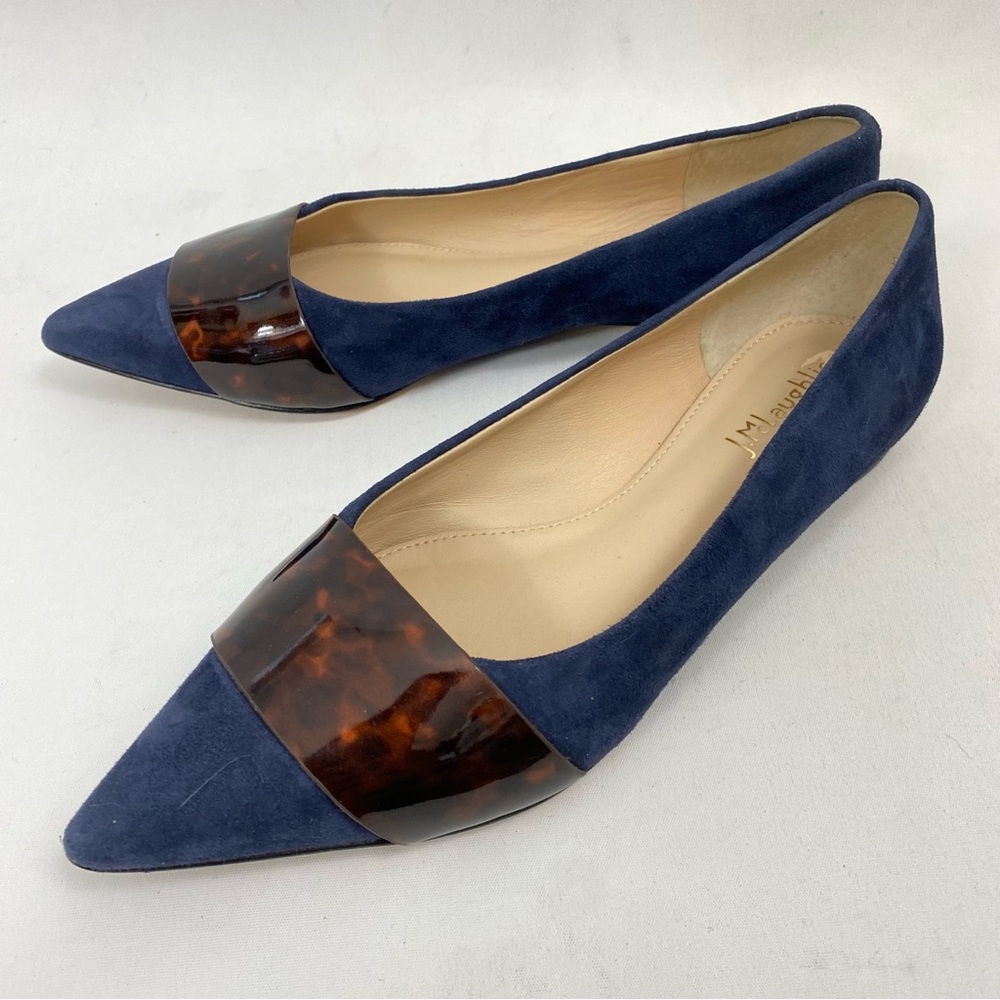 J. McLaughlin Navy Suede Pointed Toe Flats with Tortoiseshell Accent
